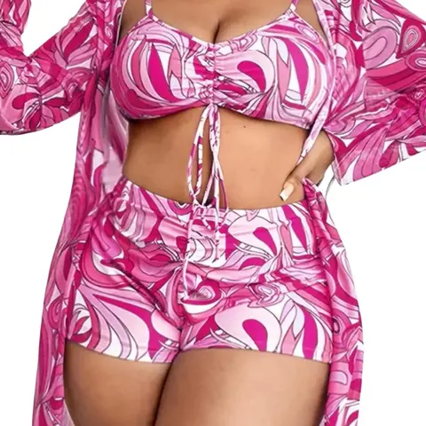 Plus Size All Over Print Swimsuit Set, Boho Ruched Swim Top & Swim Shorts & Long Sleeve Cover Up Set, Summer Outfits, Women's Three-piece Swimwear for Summer Beach, Paisley Print Swimsuit, Beach Holiday Swimsuit, Ruched Swimsuit Sets
