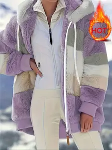 Trendy Women's Autumn Winter Loose Plush Hoodie Jacket, Multi-Color Fleece Lined Coat, Casual Fashion Outerwear for Ladies