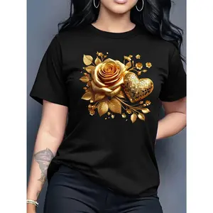 100% Cotton Women's Short Sleeve T-Shirt Elegant Gold Rose And Disco Heart Graphic Tee Luxurious And Stylish Top For Casual Daily Wear Special Occasions And Fashion - Forward Style Statements