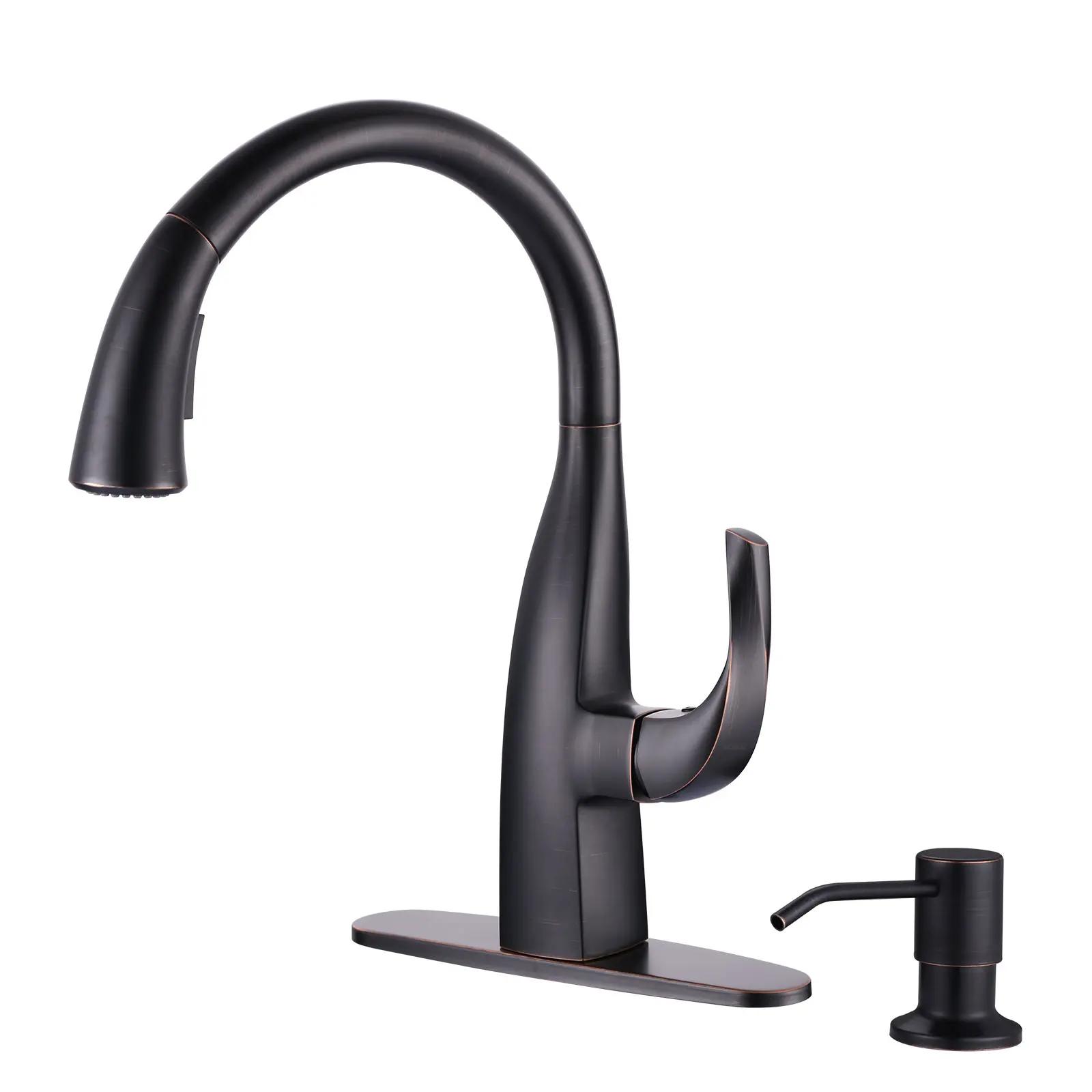 WOWOW Single Handle Pull Down Pull Out Sprayer Kitchen Faucet, Rotatable Rotary Vintage Gooseneck Tap with Soap Dispenser, Oil Rubbed Bronze Kitchen Fixture, Pull Out Faucet, Rotatable Rotary Faucet