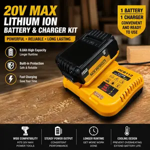 20V 8Ah DCB200 Replacement Lithium Battery & Charger Combo Set, Fast-Charging for DeWalt 20V MAX Series Power Tools, Compatible with DCB185 186 187 184 181 180 Cordless Tool Accessories