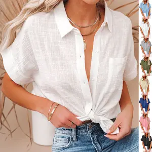 Summer Lapel Short Sleeve Shirt With Pockets Fashion Casual Solid Color Button Tops Women's Clothing