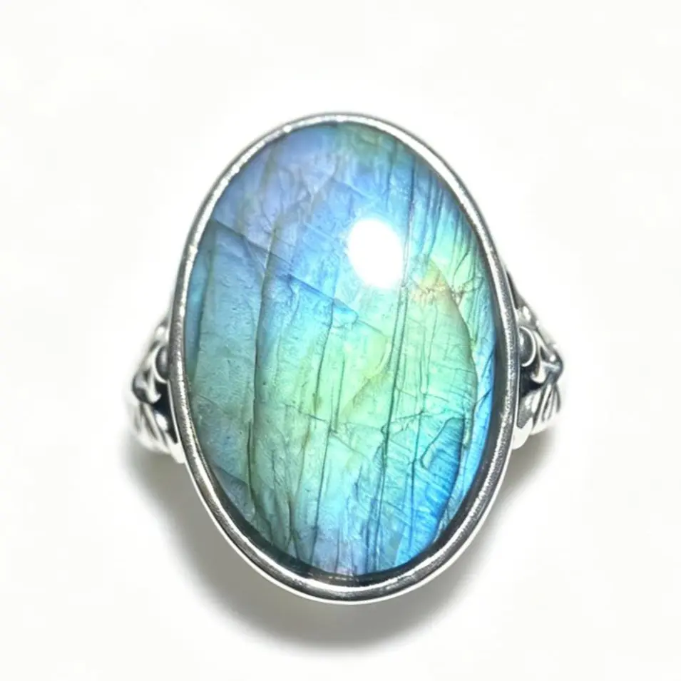 Vintage Unisex Handcrafted 925 Sterling Silver Oval Labradorite Statement Ring - 21x14.3mm, Natural Flash, Floral Filigree Openwork Flowers Design