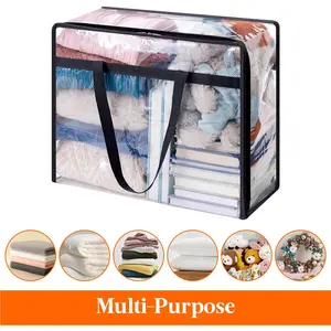 2 Pack Large Clear PVC Zipper Storage Bins with Portable Handles Dustproof Foldable See Through Clothes Organizer for Closet Bedroom Home Quilt Blanket Garment Storage Household Essentials Aesthetic Dorm Essentials