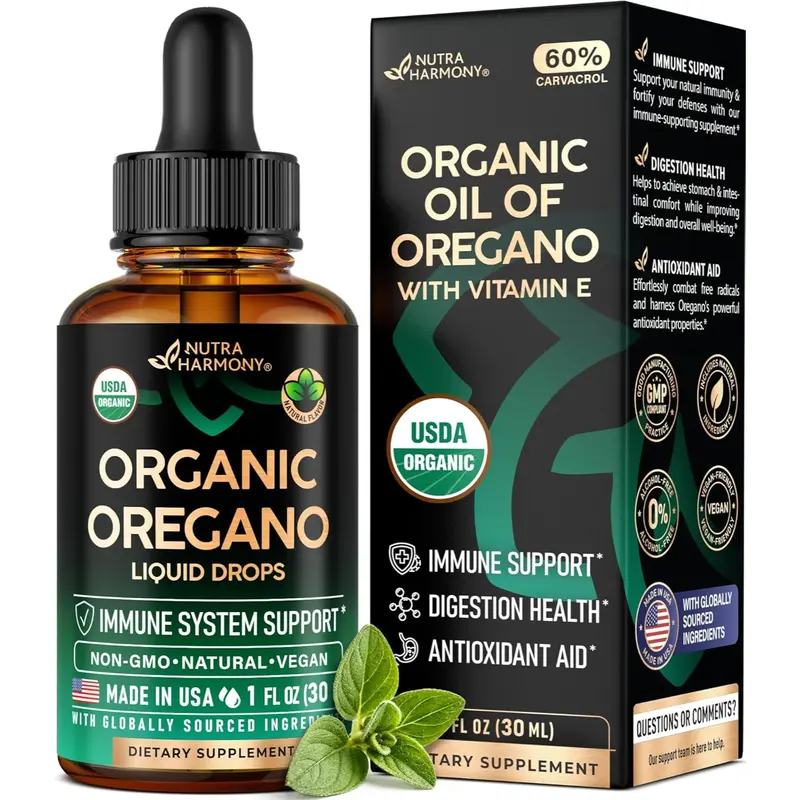 NUTRAHARMONY USDA Organic Oil of Oregano for Immune Support, Digestion Health & Antioxidant - Liquid Drops with Vitamin E - Made in USA - Non-GMO, Natural, Vegan - As Pills, Capsules, Softgels 1 fl oz