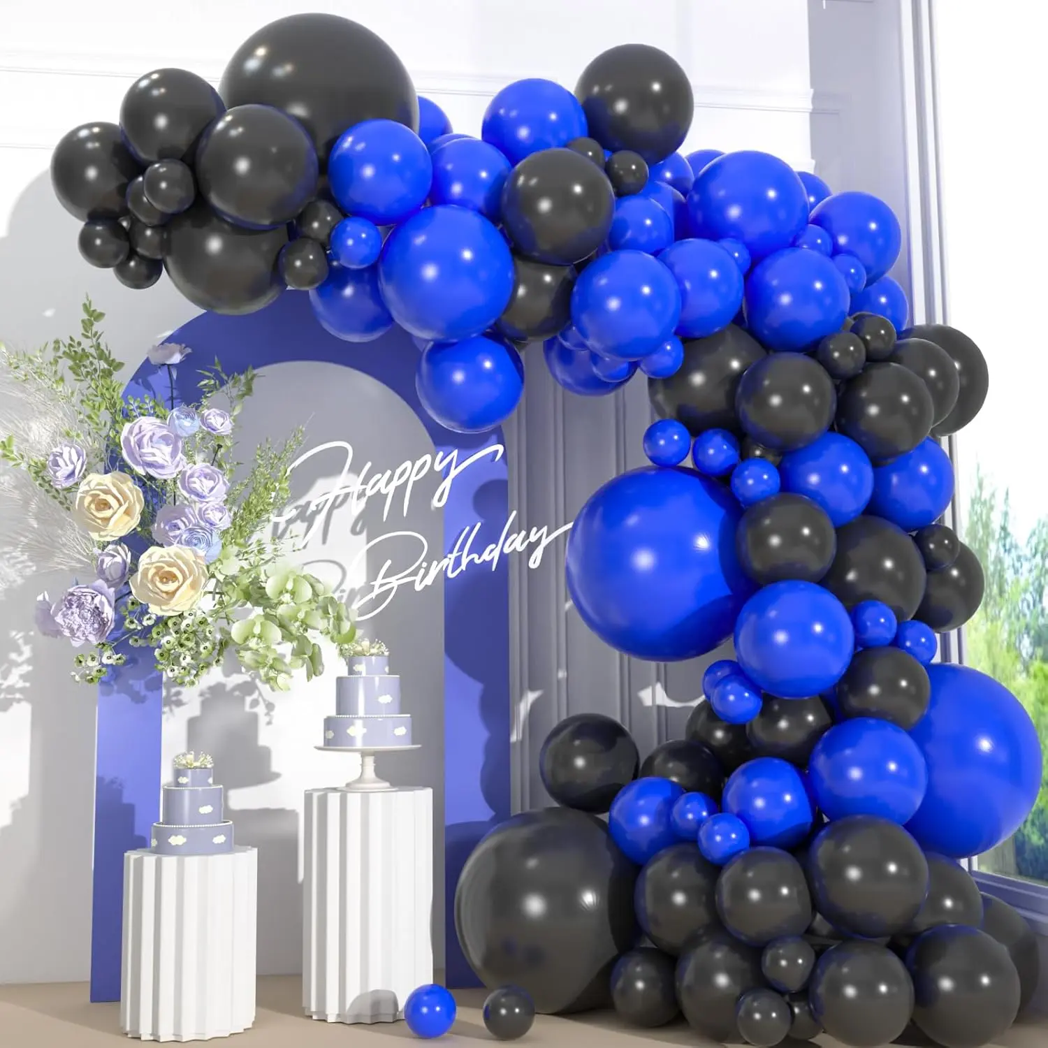 110 count Black and Blue Balloons Garland Arch Kit, 18/12/10/5 Inch Royal Blue and Black Party Balloons for Men's Birthday, 2026 Graduation, Father's Day,  Year's Eve Decorations