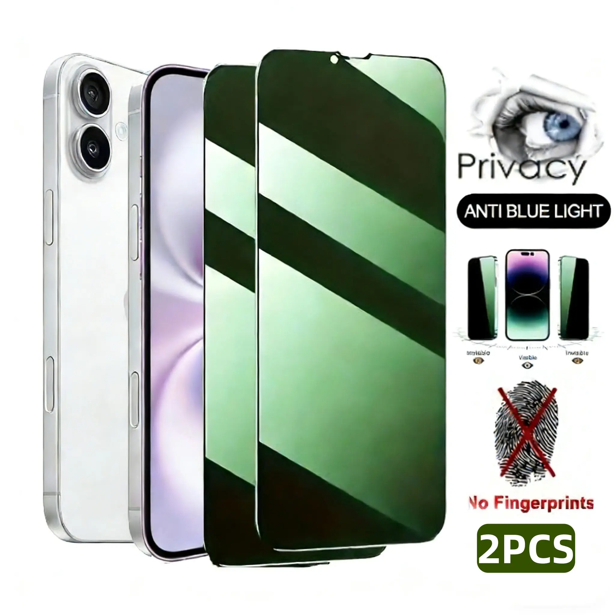 2pcs Green Light Privacy Screen Protectors, Privacy Film, Privacy Shield, Accessories for iPhone 17 Air/17 Pro Max/17 Pro/17/16/15/14,Full Coverage, Screen Covering, Green Light Eye Protection,Scratch & Shatter Resistant,Smooth Touch,Easy to Install