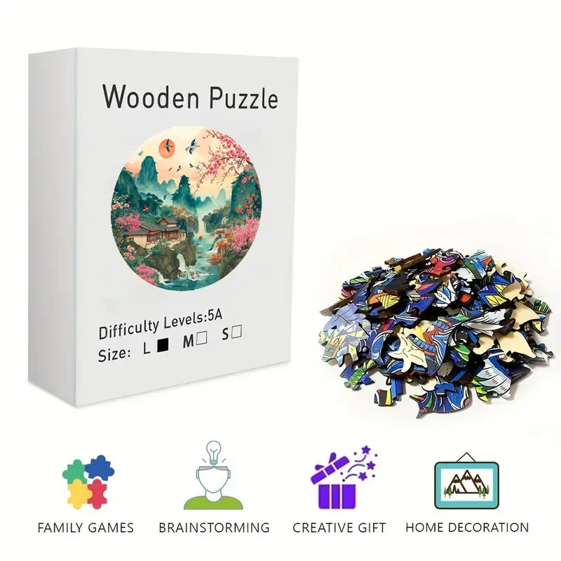 Chinese Traditional Landscape Wooden Jigsaw Puzzle for Adults & Kids - Challenging Irregular Pieces, Cherry Blossom Mountain Village Art Puzzle, Stress Relief Brain Teaser, Framable Wall Art & Home Decor