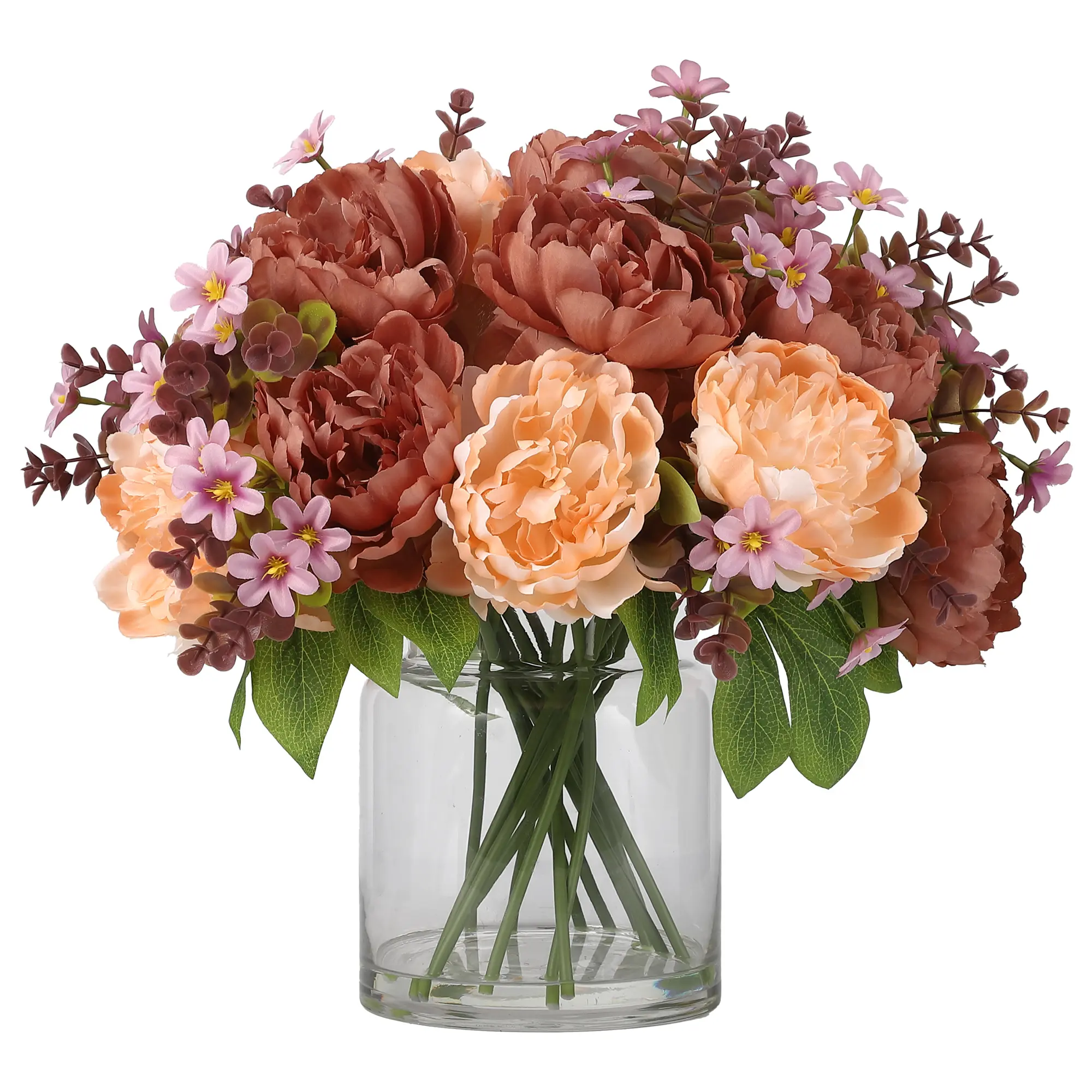 17-Stem Silk Peony Bouquet Set with Glass Vase, Faux Water – Lifelike Decorative Artificial Flowers Ornaments for Home Decor, Event Decor