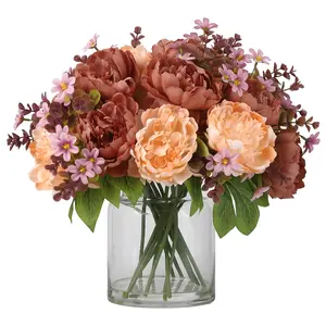 Silk Peony Bouquet in Glass Vase with Faux Water – Lifelike Artificial Flowers for Home Decor and Wedding Table Centerpiece