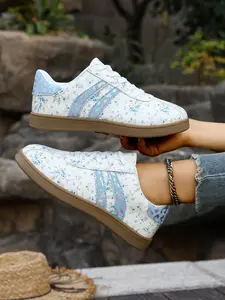 Women's Spring Summer New Round Toe Flat Low Top Shoes, Floral Print Soft Sole Lightweight Comfortable Casual Walking Shoes