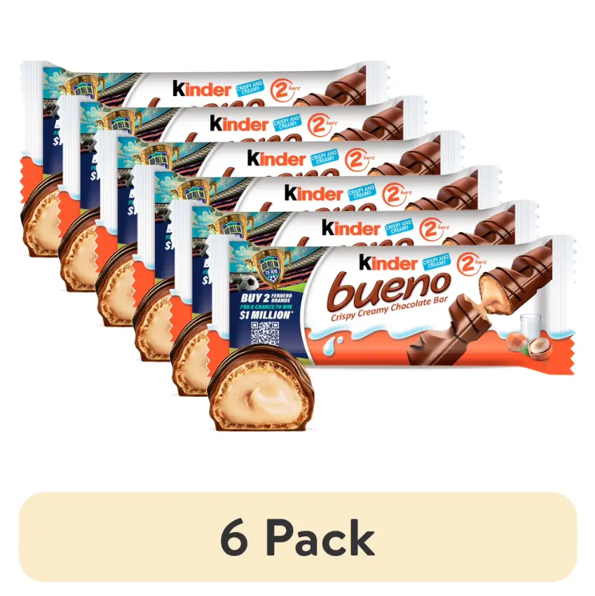 (6 pack) Kinder Bueno Milk Chocolate Bars with Crispy Wafer and Hazelnut Cream, 2 Bars per Pack, 1.5 oz Each