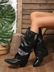 Knee-High Imitation Leather Lock Women Boots, 4 Colors Available, Fashion Comfort, Foldable Boot Style, Pleated Design, Over-The-Knee Length
