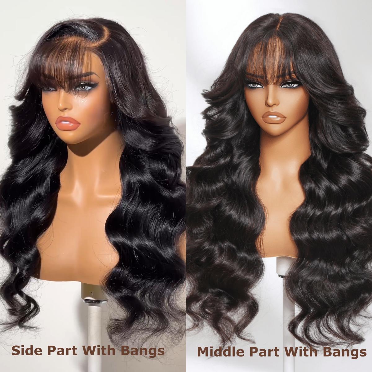 UNice Glueless Side-Part & Middle Part Fluffy Loose Wave Wig with Wispy Air Bangs 13x4 HD Lace Frontal Human Hair Wigs with Bleached Knots Easy to Install Natural Hairline Scalp SpringStatements