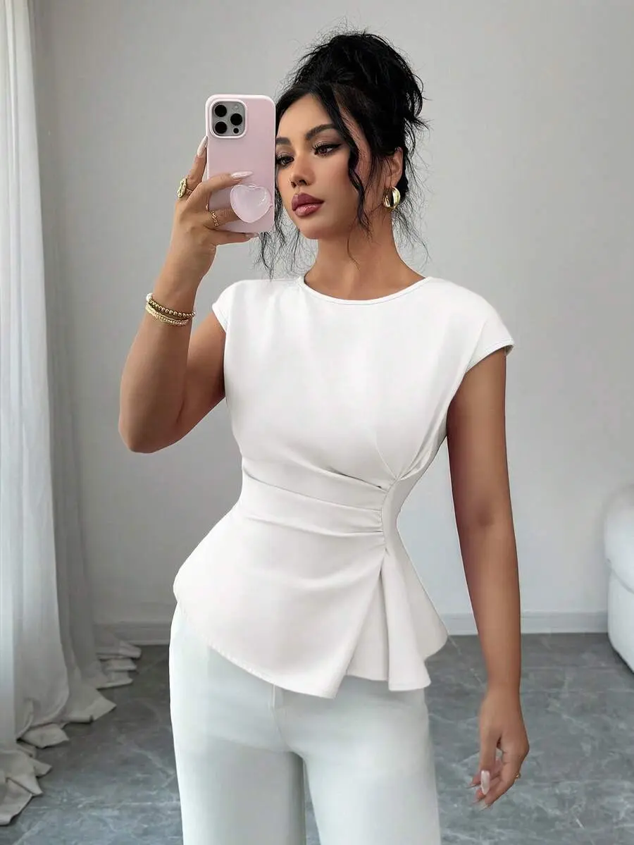 Women's White Summer Elegant Office Work Sleeveless Top, Waist Gathered Style, Vacation Wedding Party Outdoor Top