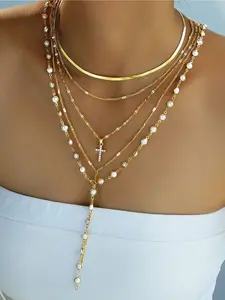 (Random Faux Pearl Quantity) 5pcs Simple Faux Pearl Cross Multi-Layer Necklace Set, Layered Necklaces, Y-Shaped Chain Long Necklace, Women Sweater Chain, Suitable For Summer Vacation, Date, Gift, Party, Wedding, Fashion Accessories