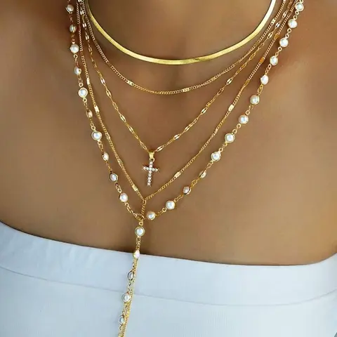 (Random Faux Pearl Quantity) 5pcs Simple Faux Pearl Cross Multi-Layer Set, Multilayer Cross Necklace, Y-Shaped Chain Long Necklace, Women Sweater Chain, Suitable For Friendship, Summer Vacation, Date, Gift, Casual, Party, Wedding