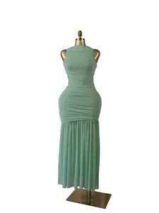 QFAF Mint Green Bodycon Midi Dress Women 2026 Elegant Sleeveless Ruched Slim Fit Mermaid Hem Party Dress Chic Evening Outfit Wedding Guest Birthday Dinner Date Night Vacation Holiday Casual Chic Summer Trendy Style