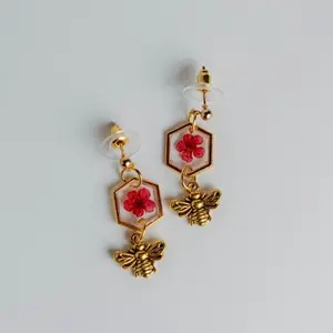 Pressed Flower Gold Hexagon Bee Dangly Earrings with Red Floral Design and Bee Charm