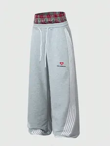 Trendy Double Layer Plaid Waist Sweatpants High Waisted Wide Leg Lounge Pants | Striped Baggy Tracksuit Bottoms with Los Angeles Heart Print | Comfy Slouchy Trousers for Gym, Dance & Daily Aesthetic Outfits