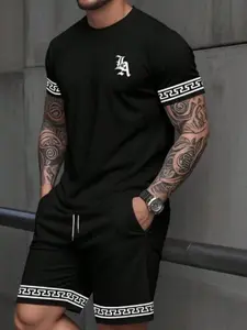 Men's Casual Classic Fashion T-Shirt & Shorts Set, Outfit, Simple All-Over Print Round Neck, Fitted Short Sleeve Summer Suit, 2-Piece Set, Menswear