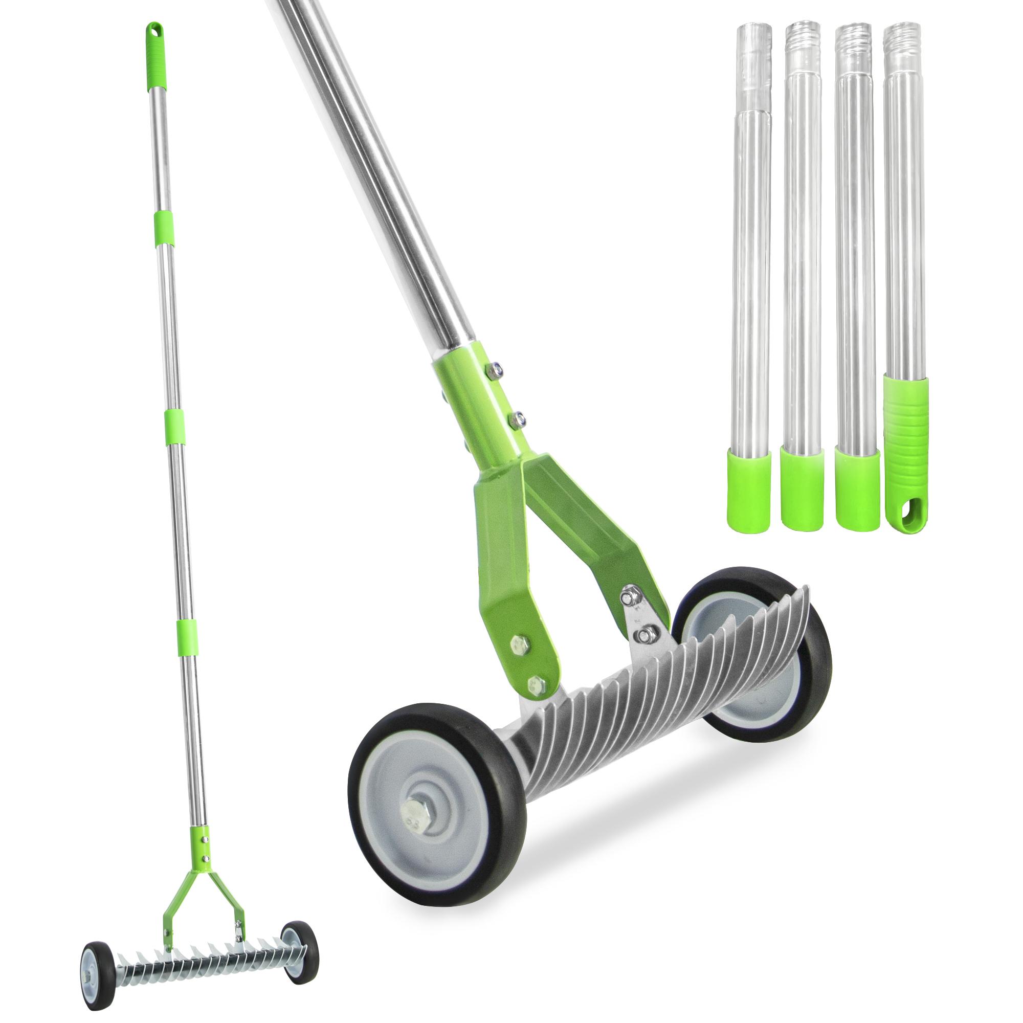 【seckill19%】Lawn rake, adjustable gardening rake head, 38inch to 65inch handle with wheels, 21 and 11 double-sided steel teeth, heavy-duty weeding rake suitable for both cold and warm season lawns, used for landscaping and lawn maintenance (green)