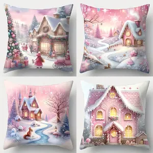 4pcs, Christmas Pink Theme Throw Pillow Covers, Pink House, Cute squirrel and Christmas Tree Pattern Design, Suitable for Living Room Sofa Home Christmas Decoration, Single Sided Printing, No Pillow Core