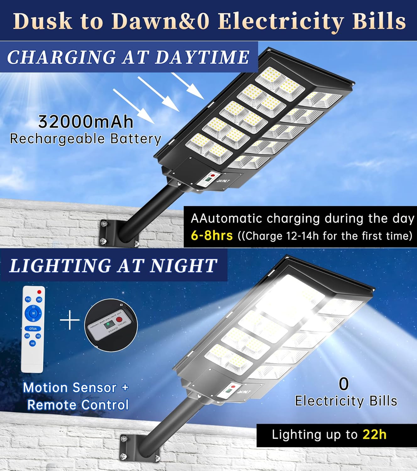 Solar Street Light Outdoor, 6500K LED Flood Light IP67 Waterproof, Dusk to Dawn for Parking Lot Yard Basketball Court