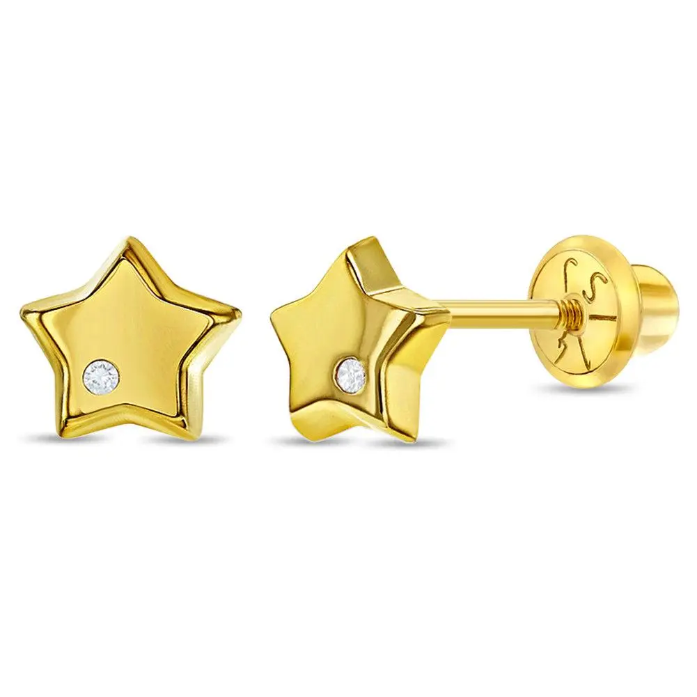 14k Gold Genuine Diamond Star Baby / Toddler / Kids Earrings Safety Screw Back