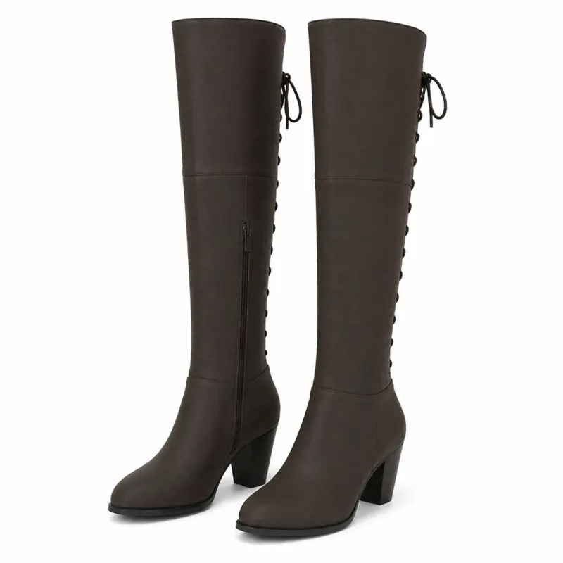 Women's Forever Camila Over-the-Knee Footwear - Brown Faux Leather, Lace-Up, Chunky Heel, Comfortable Fit, Stylish Design, Casual Fashion Boots Girl