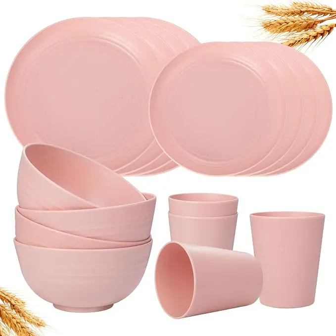 16Pcs Plastic Wheat Straw Dinnerware Set, Reusable Plastic Plate Set for 4, Kitchen Plates And Bowls Set (Pink) Include Dinner Platos, Dessert Platos, Cereal Bowls, Cups for Daily, Camping