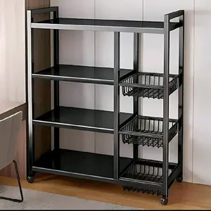 l1pc Movable Storage Rack Adjustable 4-Layer Kitchen Shelf With 3 Wire Baskets Metal Shelf With Wheels Suitable For Garage Pantry Bathroom Closet Greenhouse Gift New Home