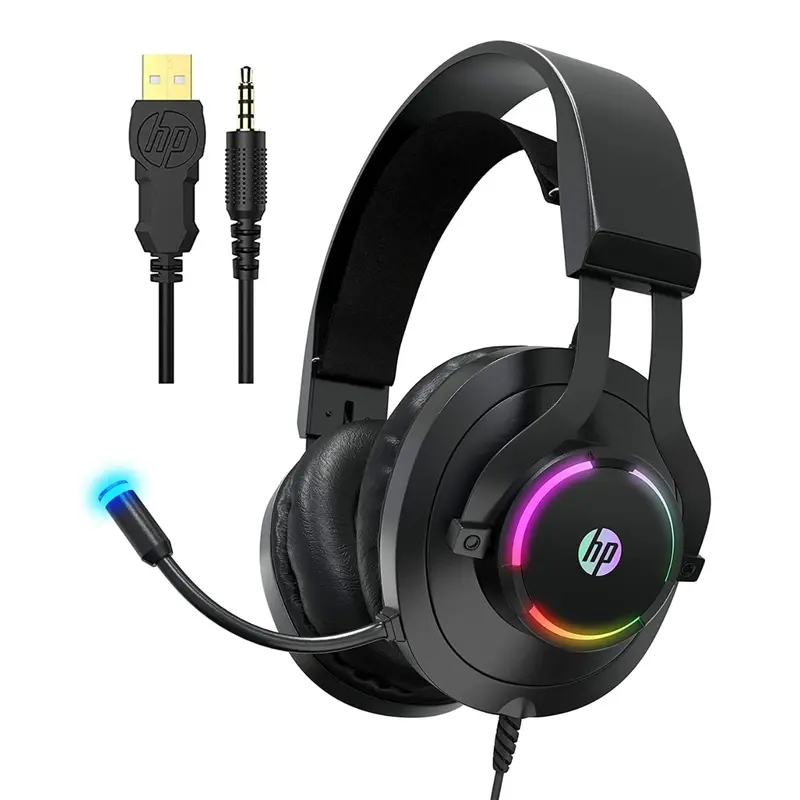 HP Wired Over-Ear Gamer Headphones with Mic, Adjustable Anti-Static Mic, 7.1 Surround Sound, Noise Cancelling Audio, 3.5mm Jack, USB-Powered RGB Light, Gaming Console Accessories for PS4, PS5, Xbox 1, Nintendo Switch, Laptop