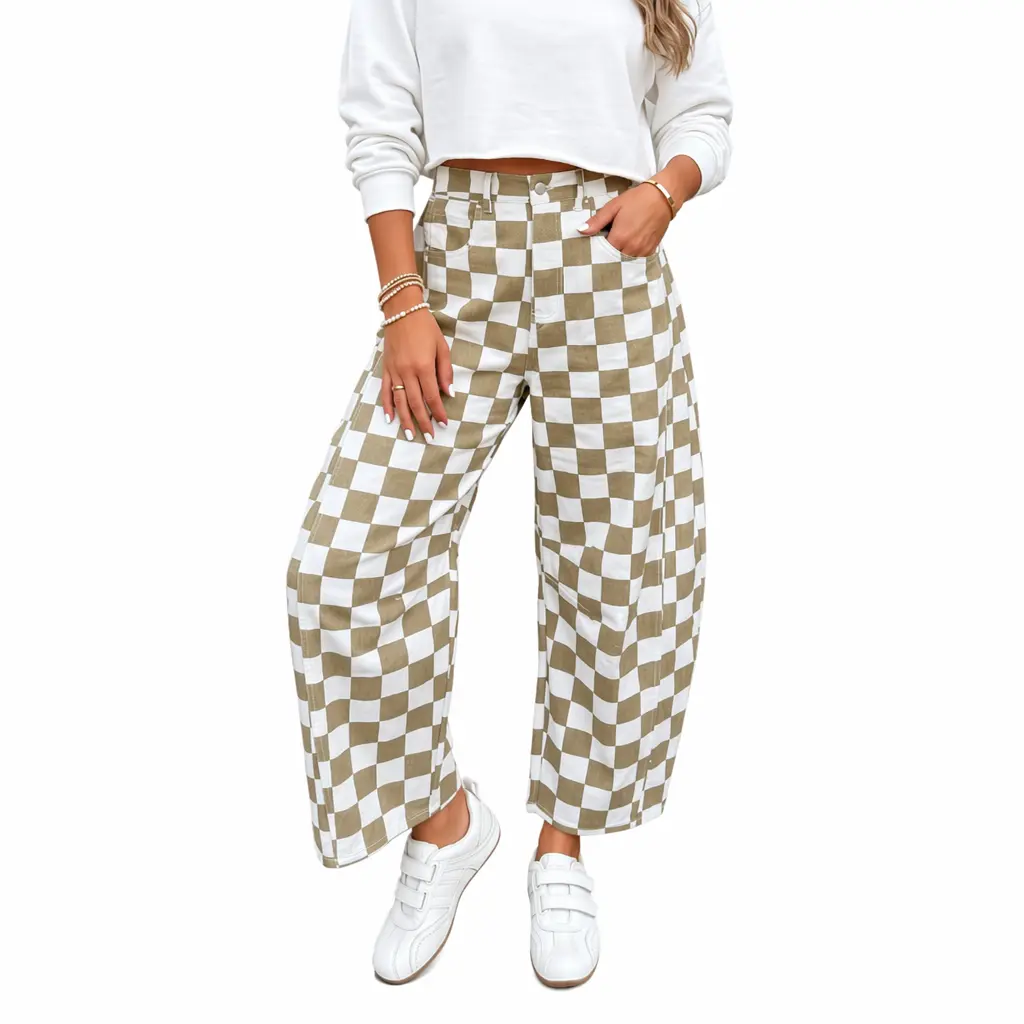 Women's Checkered Pants Wide Leg Cotton Jeans with Elastic Waist  Trendy Casual Style Bottoms Relaxed Fit Denim Barrel Baggy Ankle Length Summer Outfits for Beach Vacation Comfy Lounge Trousers