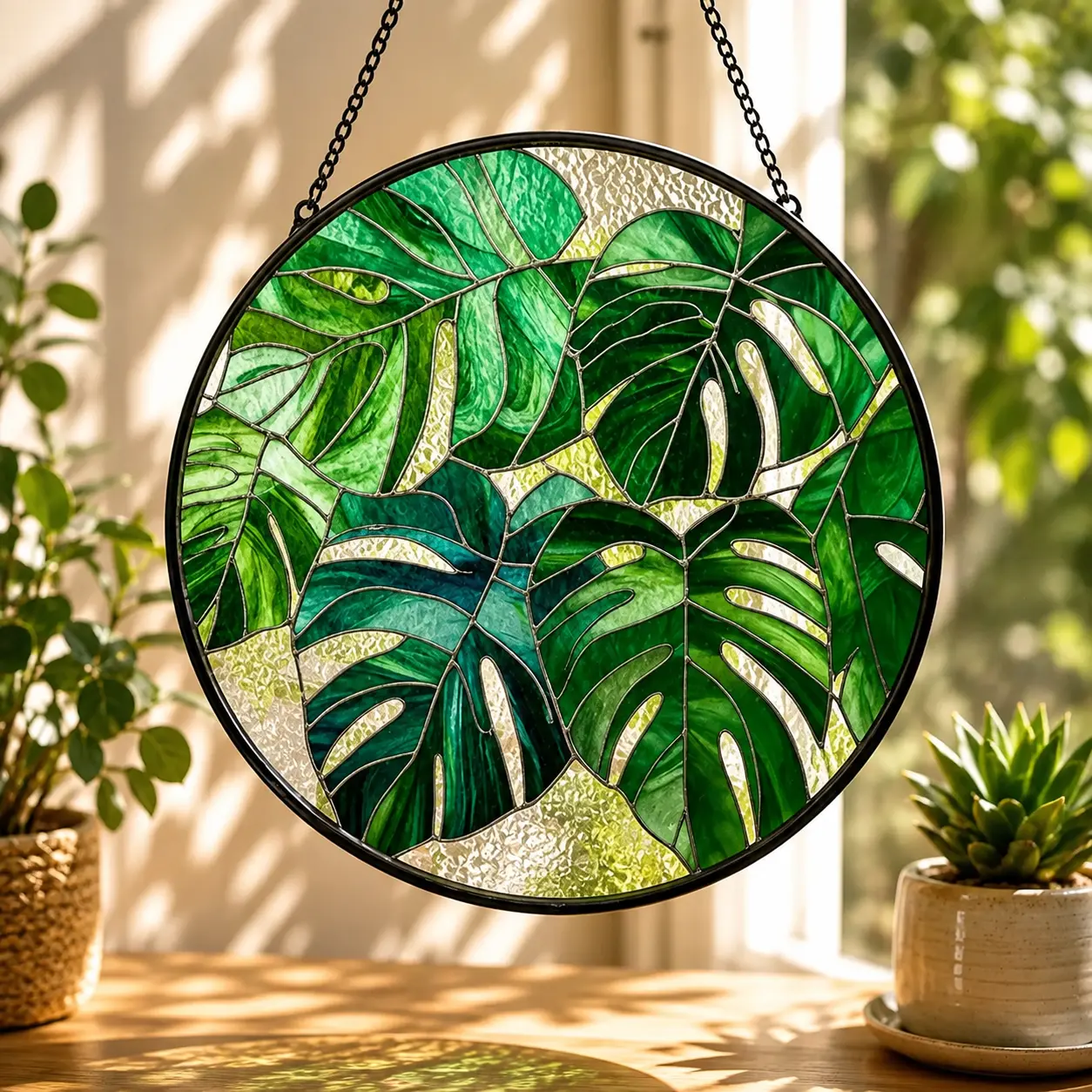 Monstera Leaf Stained Glass Suncatcher, Tropical Botanical Window Hanging, Green Glass Panel, Modern Plant Lover Decor, Housewarming Gift