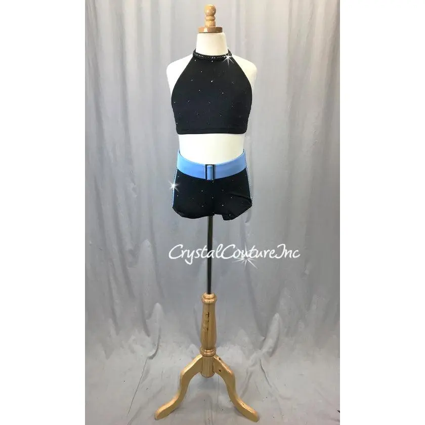 Black with Blue Crop Top and Boy Shorts - Swarovski Rhinestones
