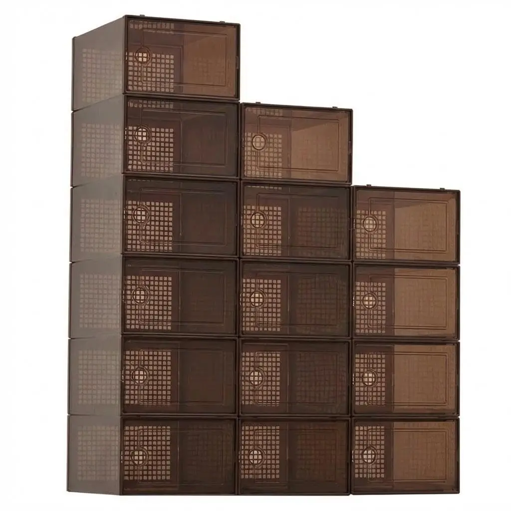 Garvee 15 Pcs Shoe Boxes, Transparent Stackable Plastic Shoe Organizer, Shoe Storage Containers with Lids for Women/Men, Brown