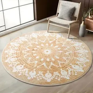 Bohemian Mandala Pattern Natural Jute Round Area Rug - Non Slip Indoor Carpet, Stain Resistant Throw Rug for Living Room, Bedroom, Dining Room & Entryway, Beige & White