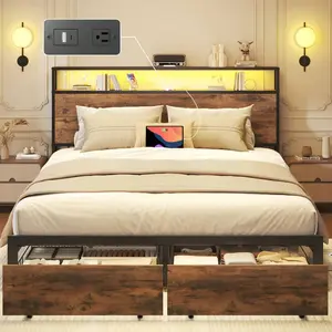 Queen  Bed Frame With Storage, 2-Tier Storage Headboard & Built-In Drawers, Metal Platform Bed With USB Charging Station & LED Lights, Noise Free, No Box Spring Needed, Easy Assembly,Retro Brown