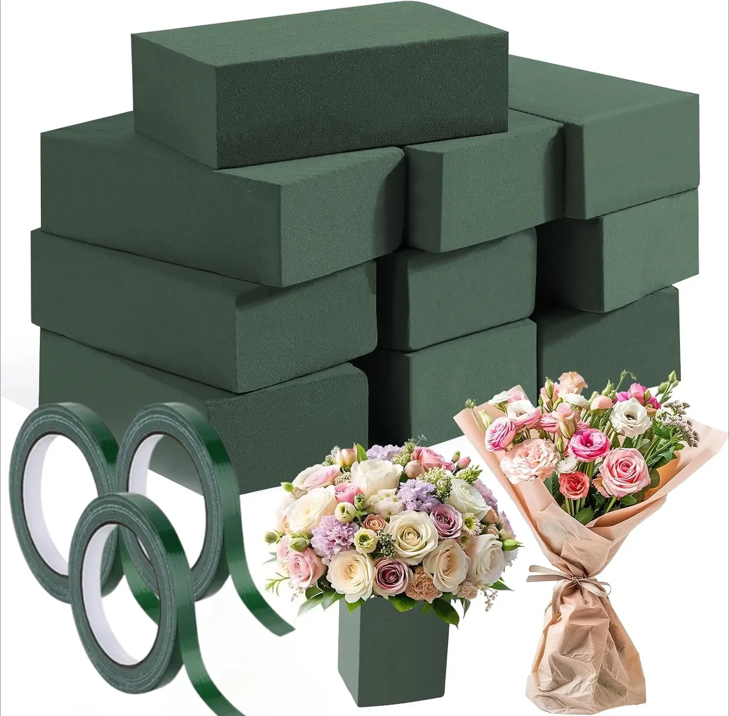 10 pcs green flower foam block (5.5 "x3.1" x1.7 "), with 3 roll waterproof flower tape (98.43ft/roll), suitable for fresh and fake flowers, DIY wedding center pieces, bouquets, home decoration crafts