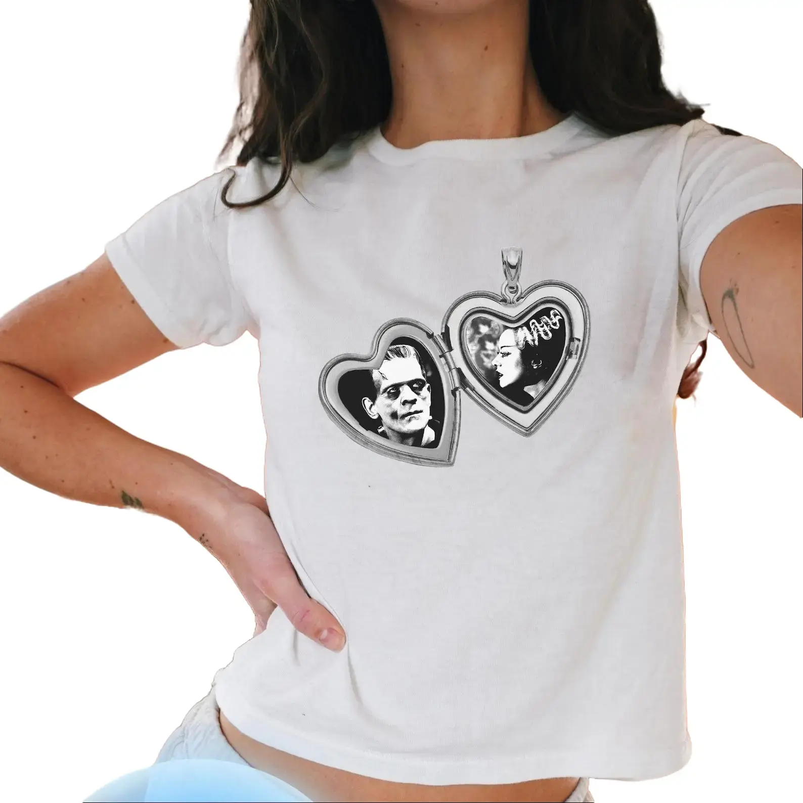 Frankenstein and Bride Lover Baby Tee, 90s Retro Monster Tshirt, Spooky Top, Valentines Horror Movie Lover Gift