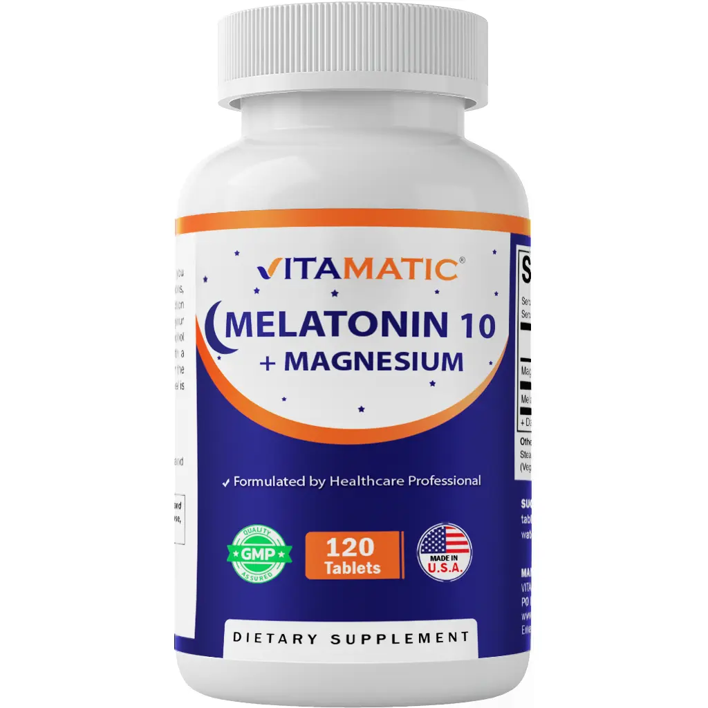 Vitamatic Melatonin 10mg with Magnesium 200mg Dietary Supplement, 120 High Potency Healthy Sleep Tablets, Natural, Non-GMO, Sugar-Free, No Artificial Colors/Preservatives, Made in USA, GMP-Certified Magnesium Naturals Sleep Supplement, Healthy Sleep Suppl