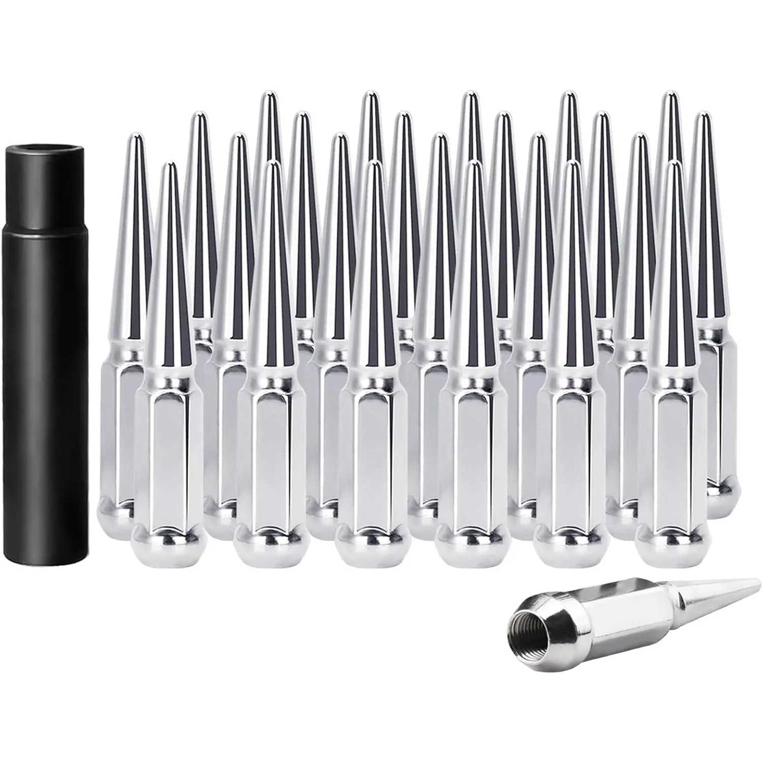 Set of 24, 14 mm x 1.5 Wheel Spike Lug Nuts, M14x1.5 Conical Bulge Seat, Closed End Spiked Lug Nuts with 1 Socket Key for Silverado Sierra 1500Aftermarket Wheel