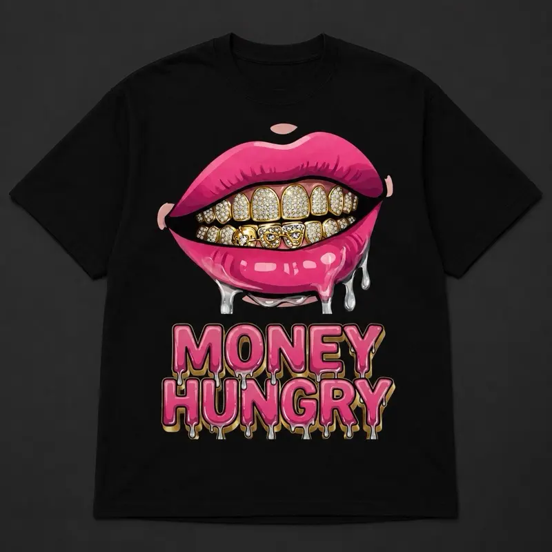 Money Hungry Graphic Tee, Casual Crew Neck Short-Sleeve Top for Daily Wear