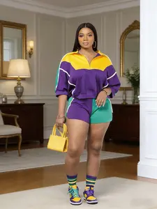 Color-block retro sports set — casual hot-girl style, slimming short-sleeve top and shorts two-piece set