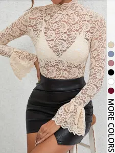 Women's Lace High Neck Flare Sleeve Top, Elegant French Chic Style, Slimming Breathable Hollow Out Detail, Perfect for Dating Parties Commuting