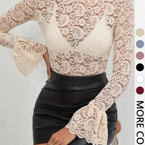 Women's Lace Mock Neck Flare Long Sleeve Top, Elegant Feminine French Chic Style, Slimming Breathable Hollow Out Detail, Perfect for Dating, Parties and Commuting, High Neck, Elegant Fitted Top