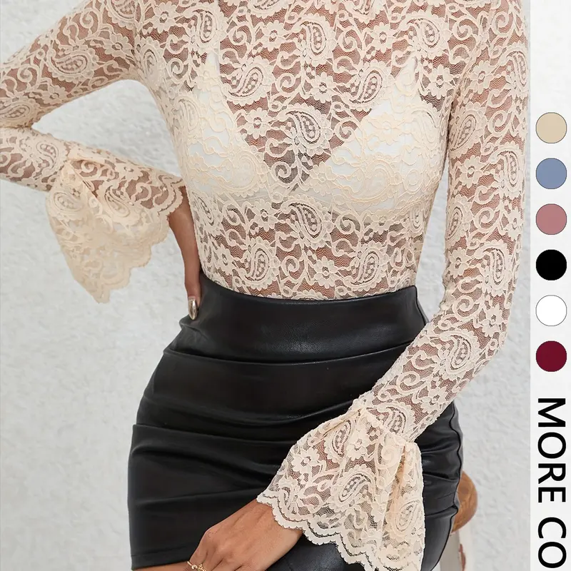 Women's Lace Mock Neck Flare Long Sleeve Top, Elegant Feminine French Chic Style, Slimming Breathable Hollow Out Detail, Perfect for Dating, Parties and Commuting, High Neck, Elegant Fitted Top