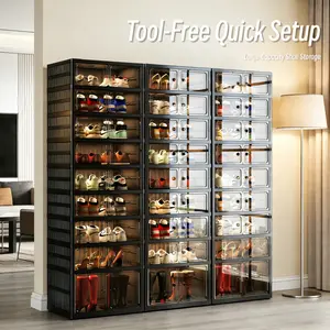 3/6/9-Tier Stackable Shoe Cabinet Storage Unit, Plastic Dust-Proof Shoe Storage Box with Clear Doors, Dust-Proof Folding Shoe Rack for Wardrobes and Entryways, Freestanding Sneaker Storage Box for Entryways, Black