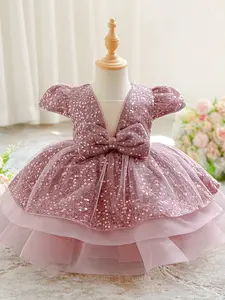 Pink Sequin Baby Girl Clothes Bow Christening Cocktail Toddler Baptism Pageant Ball Gown Princess Dress Bubble Dress Girl for all Season 6 Months to 3 Years Baby Clothing